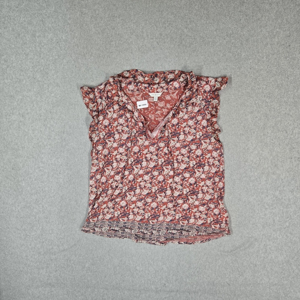 Lucky Brand Women Blouse L/G (LARGE) Red Floral Ruffle V-Neck Pullover
